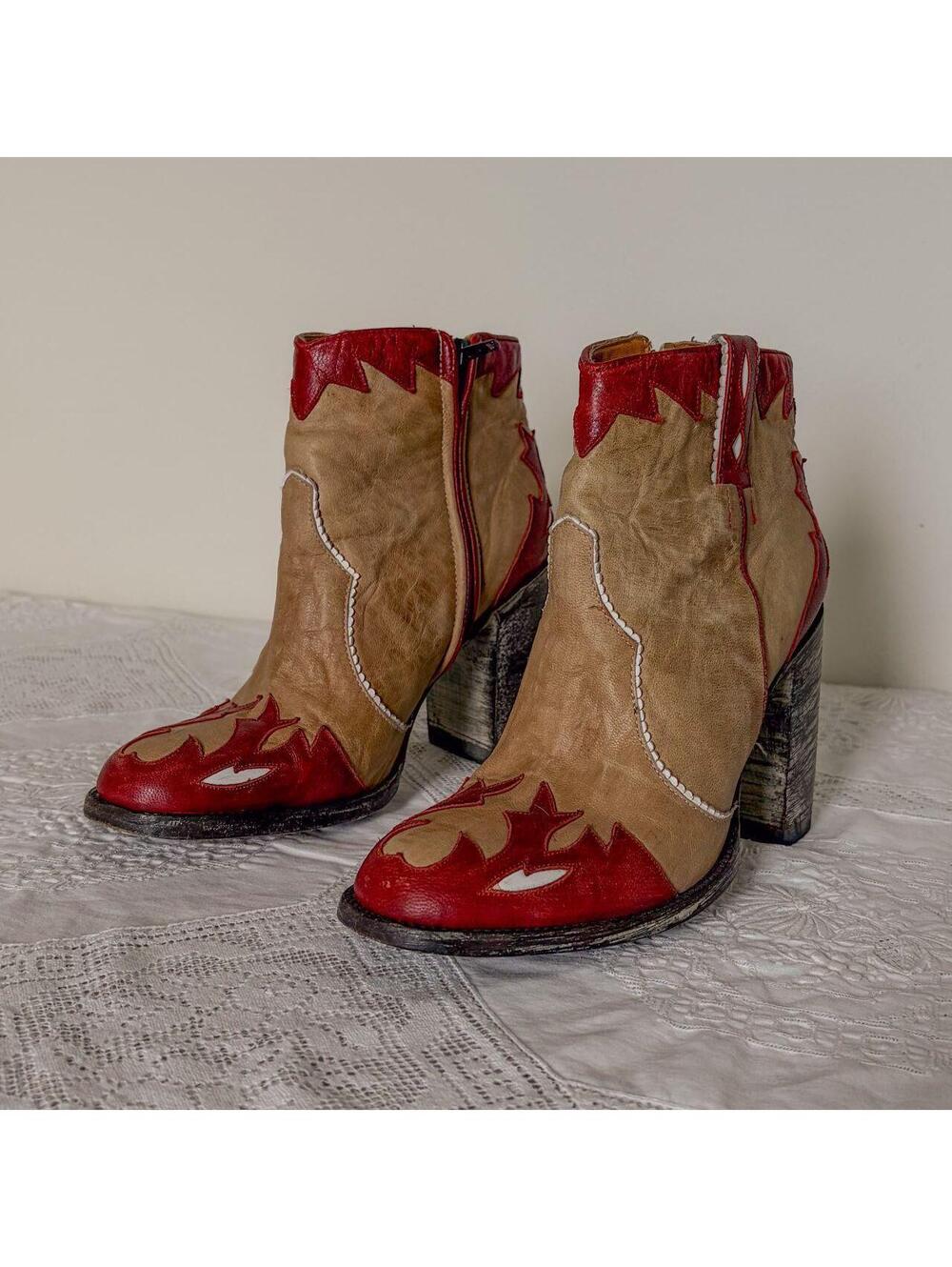 Cowboy Boots Tan w/ Red Flame Details OLD GRINGO Mexicana Country Western 7.5